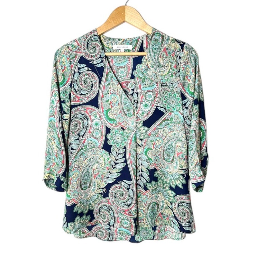Rose + Olive Womens Navy Green Paisley V-Neck 3/4‎ Sleeve Blouse Small